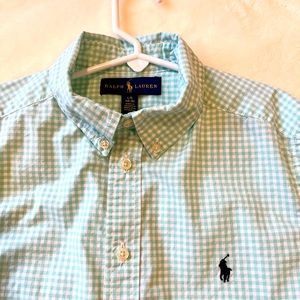 Ralph Lauren Boys Green Poplin Gingham Long Sleeve Button Down Shirt